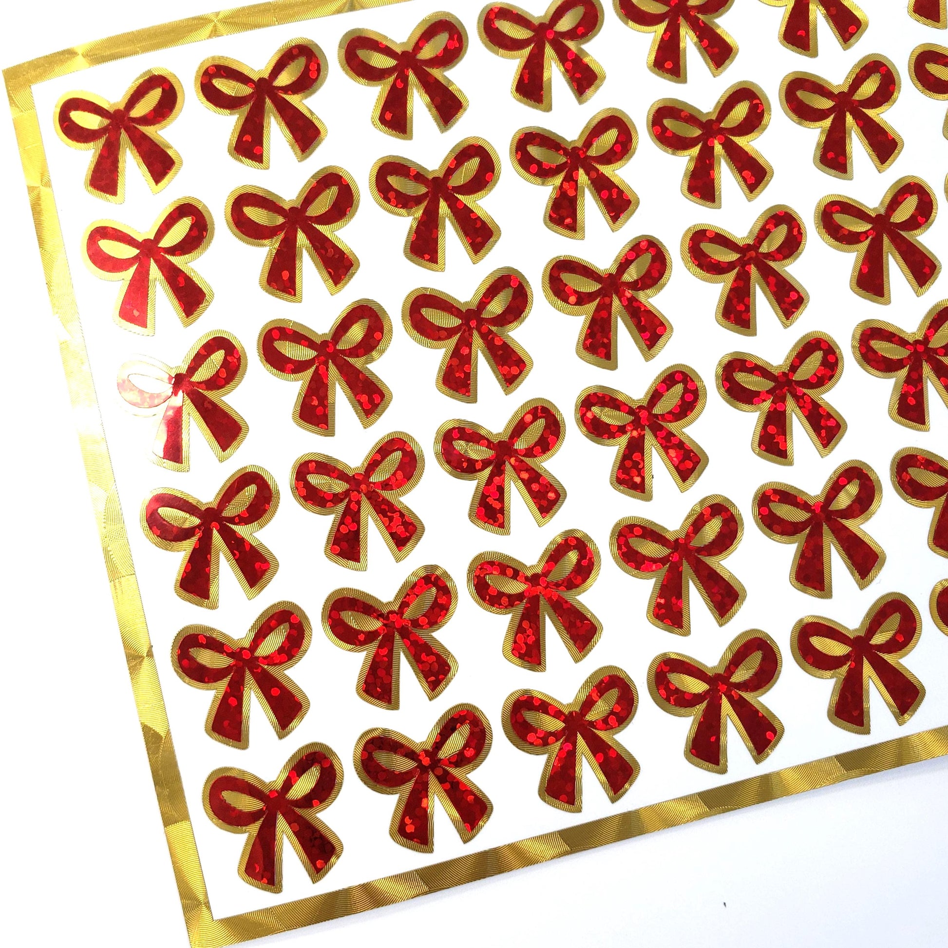 Small Red Ribbon Stickers - set of 48 sparkly coquette bows for holiday cards, gift tags and calendars. Waterproof Christmas bow stickers.