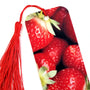 Strawberry bookmark with red tassel. double-sided bookmark with photograph of strawberries.