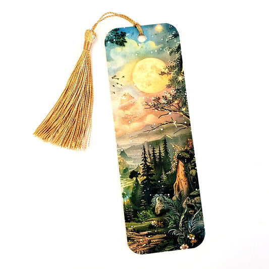Full Moon Enchanted Forest Bookmark, double sided color printed bookmark with gold tassel, gift for romantic fantasy reader, personalized.