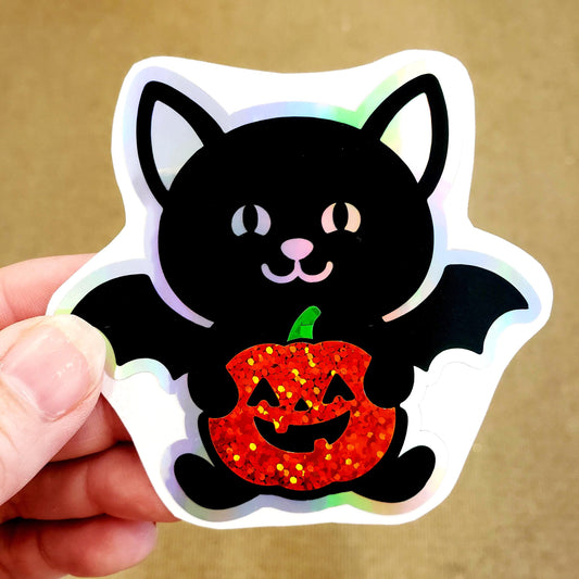 Halloween Black Cat with Bat Wings Sticker, Silver Outline Glitter Pumpkin, Waterproof Vinyl Decal for Water Bottles, Laptops & Tumblers.