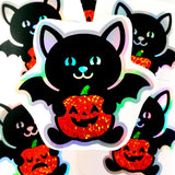 Halloween Black Cat with Bat Wings Sticker, Silver Outline Glitter Pumpkin, Waterproof Vinyl Decal for Water Bottles, Laptops & Tumblers.