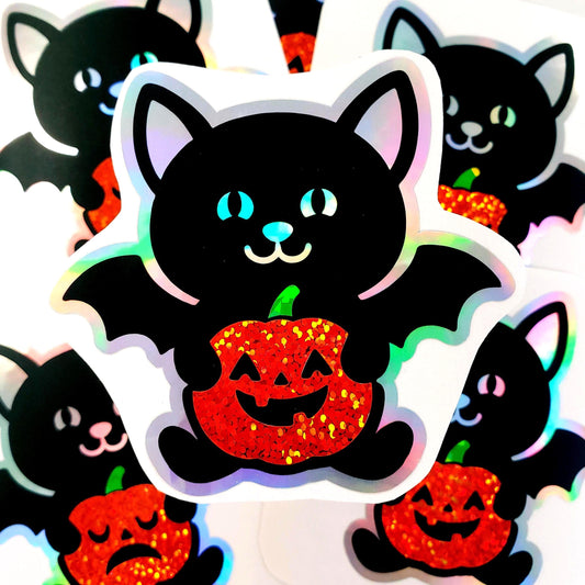 Halloween Black Cat with Bat Wings Sticker, Silver Outline Glitter Pumpkin, Waterproof Vinyl Decal for Water Bottles, Laptops & Tumblers.