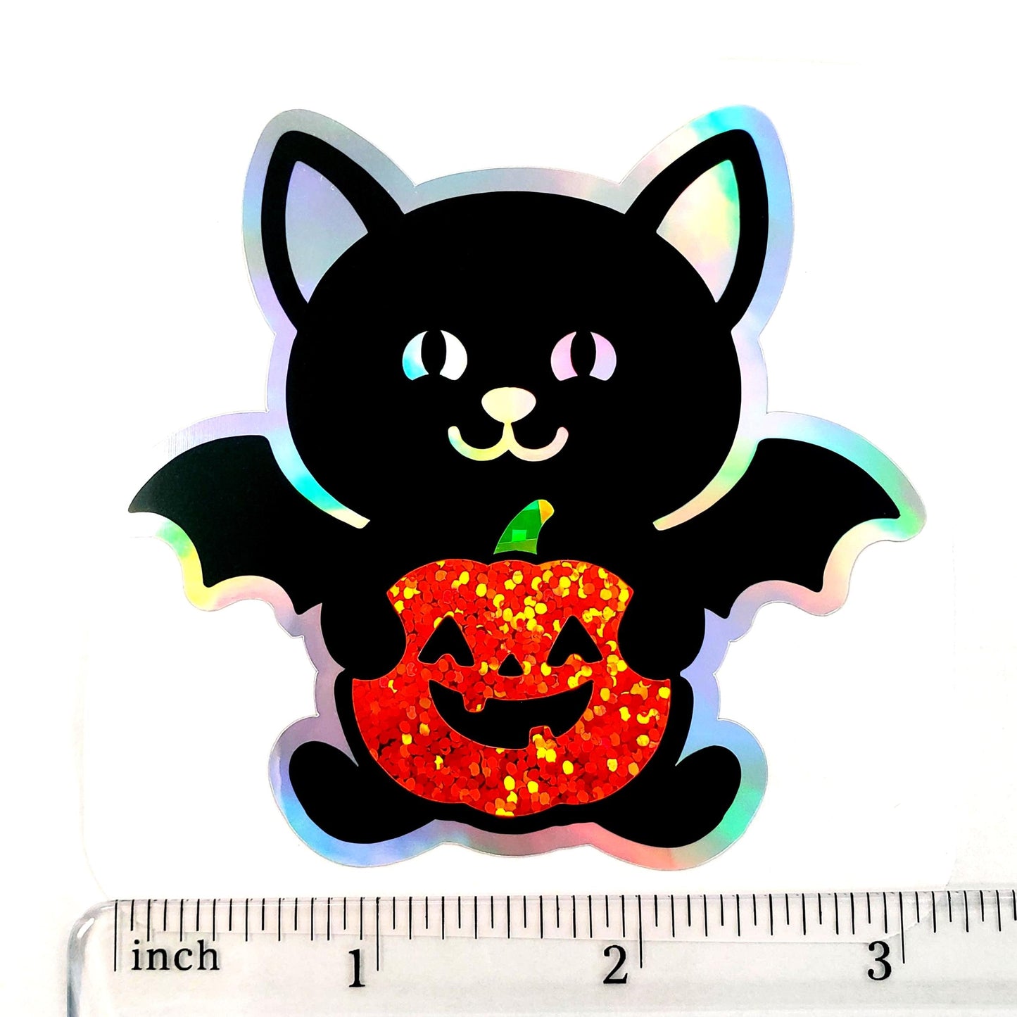 Halloween Black Cat with Bat Wings Sticker, Silver Outline Glitter Pumpkin, Waterproof Vinyl Decal for Water Bottles, Laptops & Tumblers.
