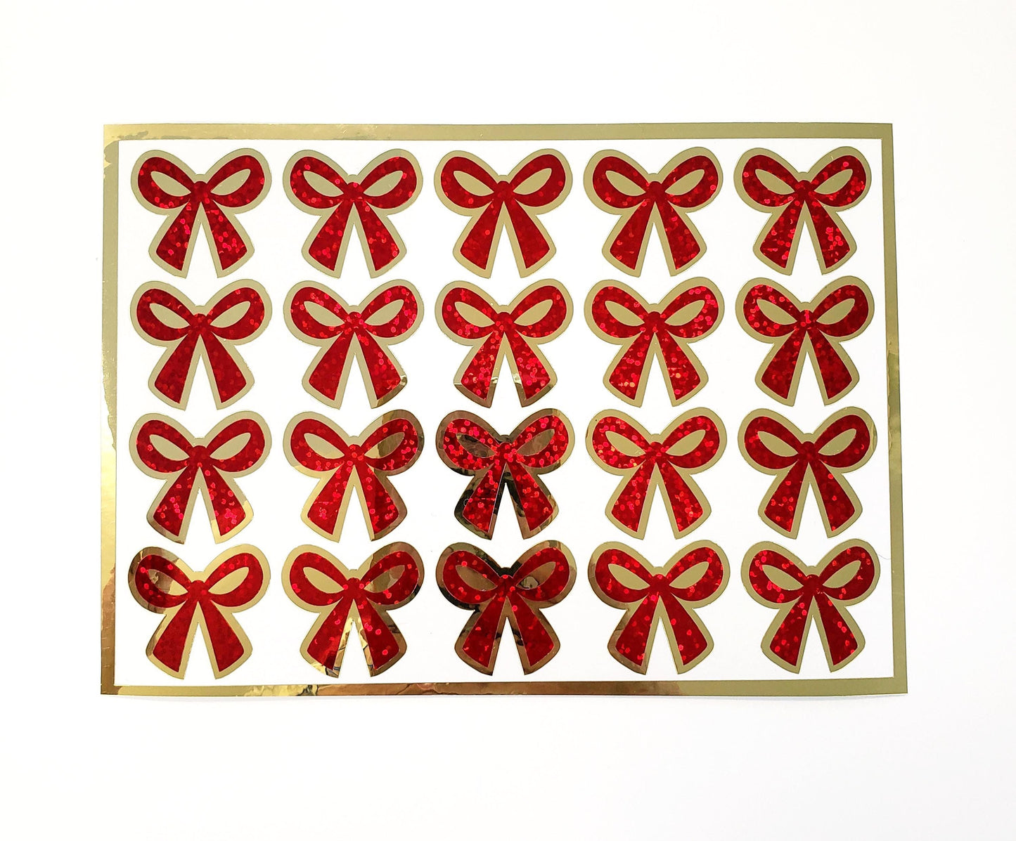 Red Coquette Bow Stickers - set of 20 sparkly ribbons for holiday cards, gift tags and calendars. Waterproof Christmas bow stickers.