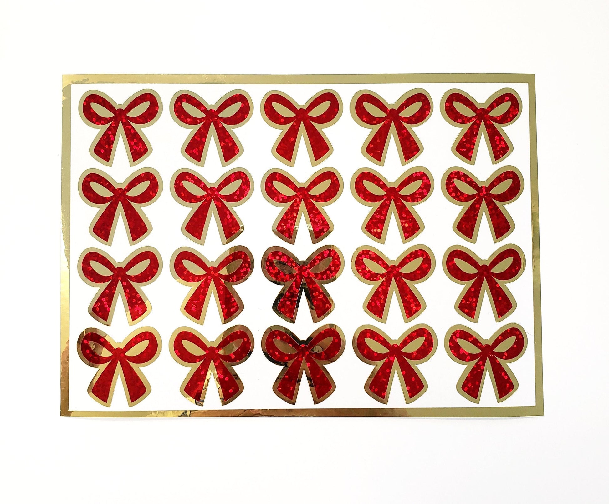 Red Coquette Bow Stickers - set of 20 sparkly ribbons for holiday cards, gift tags and calendars. Waterproof Christmas bow stickers.