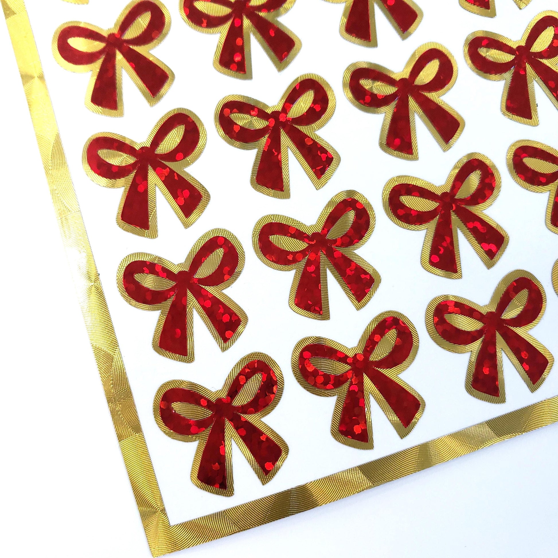 Small Red Ribbon Stickers - set of 48 sparkly coquette bows for holiday cards, gift tags and calendars. Waterproof Christmas bow stickers.