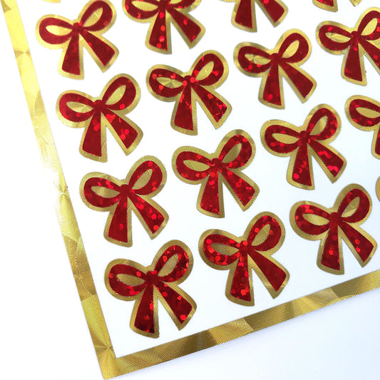 Small Red Ribbon Stickers - set of 48 sparkly coquette bows for holiday cards, gift tags and calendars. Waterproof Christmas bow stickers.