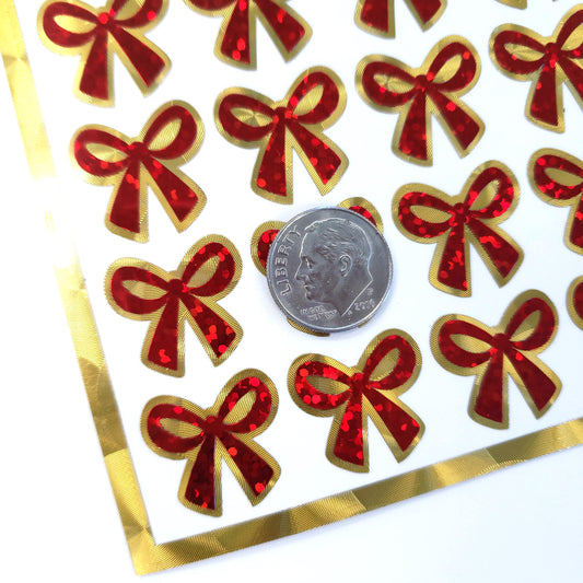 Small Red Ribbon Stickers - set of 48 sparkly coquette bows for holiday cards, gift tags and calendars. Waterproof Christmas bow stickers.