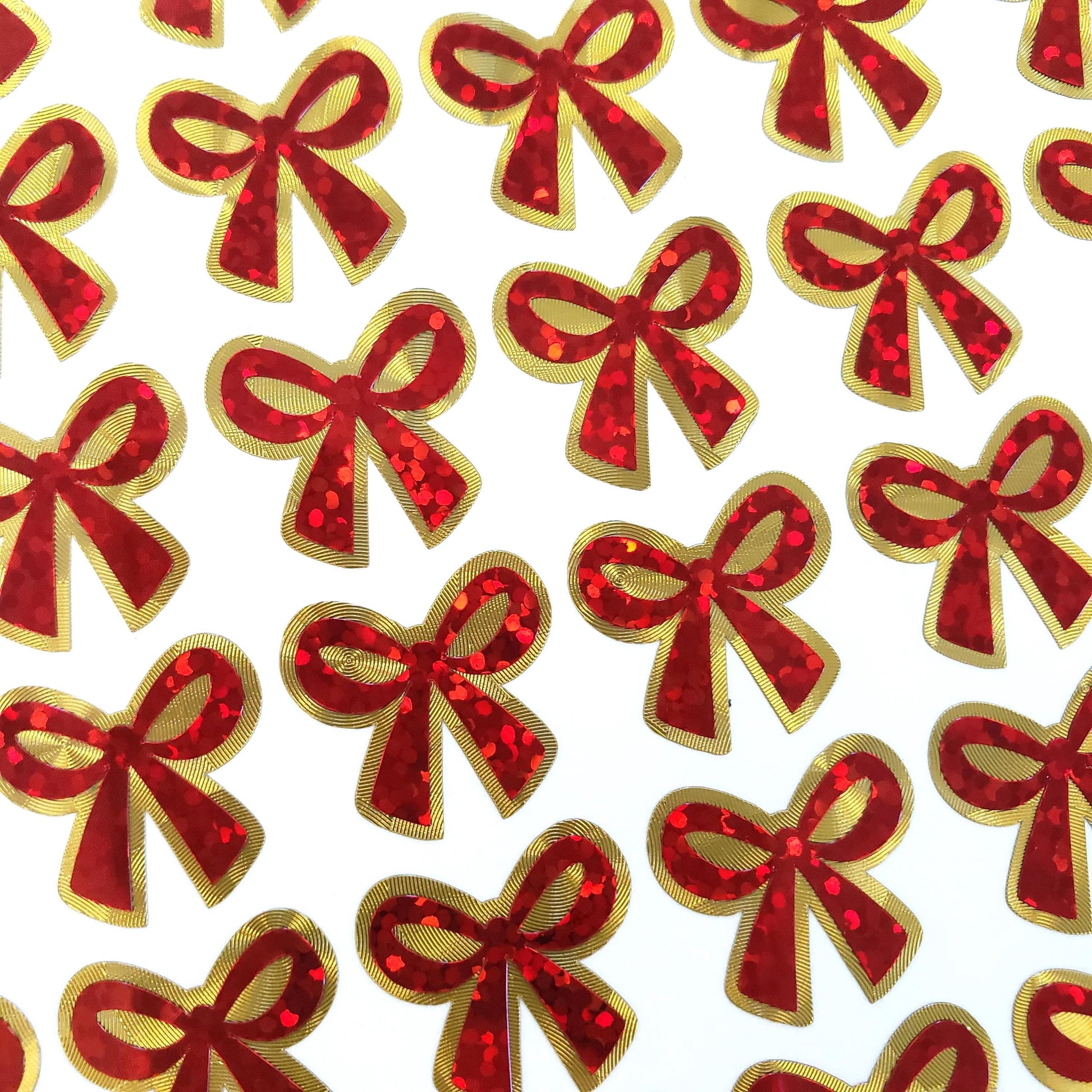 Small Red Ribbon Stickers - set of 48 sparkly coquette bows for holiday cards, gift tags and calendars. Waterproof Christmas bow stickers.