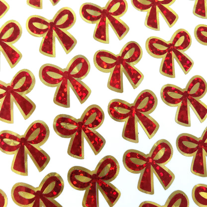 Small Red Ribbon Stickers - set of 48 sparkly coquette bows for holiday cards, gift tags and calendars. Waterproof Christmas bow stickers.