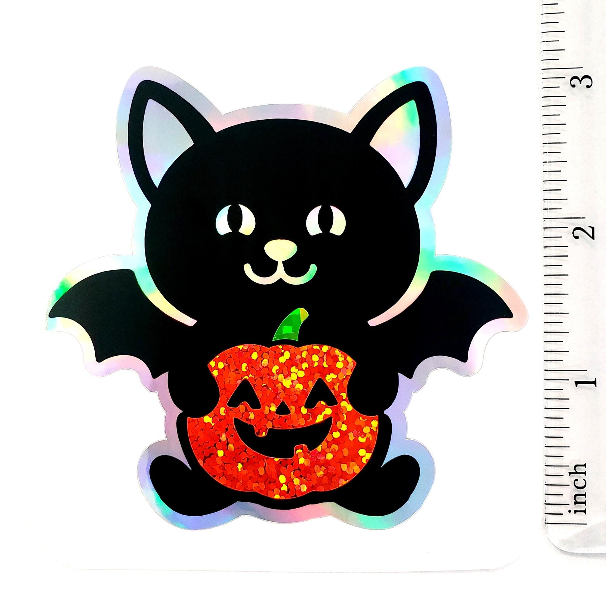 Halloween Black Cat with Bat Wings Sticker, Silver Outline Glitter Pumpkin, Waterproof Vinyl Decal for Water Bottles, Laptops & Tumblers.