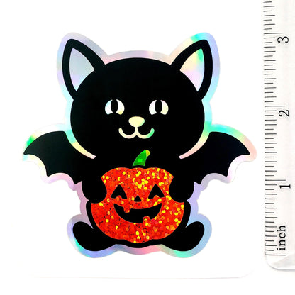 Halloween Black Cat with Bat Wings Sticker, Silver Outline Glitter Pumpkin, Waterproof Vinyl Decal for Water Bottles, Laptops & Tumblers.