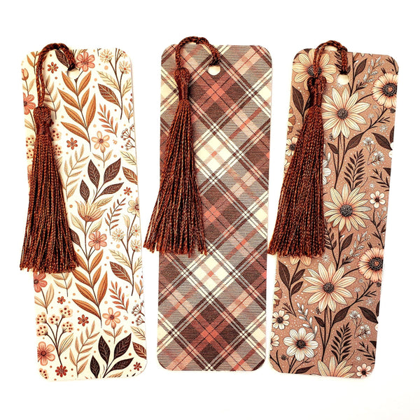 Autumn Floral and Plaid Pattern Bookmarks: Set of 3, double-sided, peach and brown printed cardstock