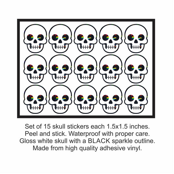 Skull Stickers, sheet of 28 or 15 black and white Halloween skeletons for party favors and crafts