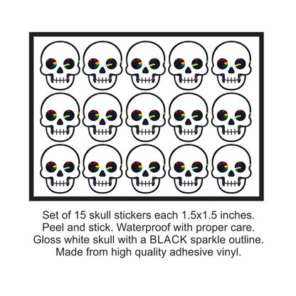 Skull Stickers, sheet of 28 or 15 black and white Halloween skeletons for party favors and crafts