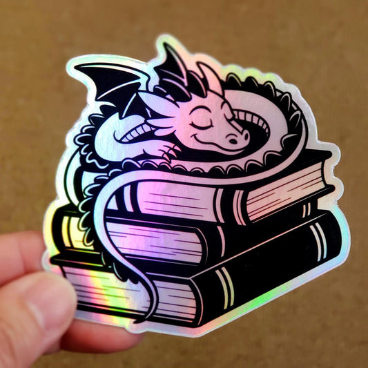 Holographic Sleeping Dragon Sticker – Cute Fantasy Book Lover Gift, Dragon Vinyl Decal for Laptops, Water Bottles & Journals