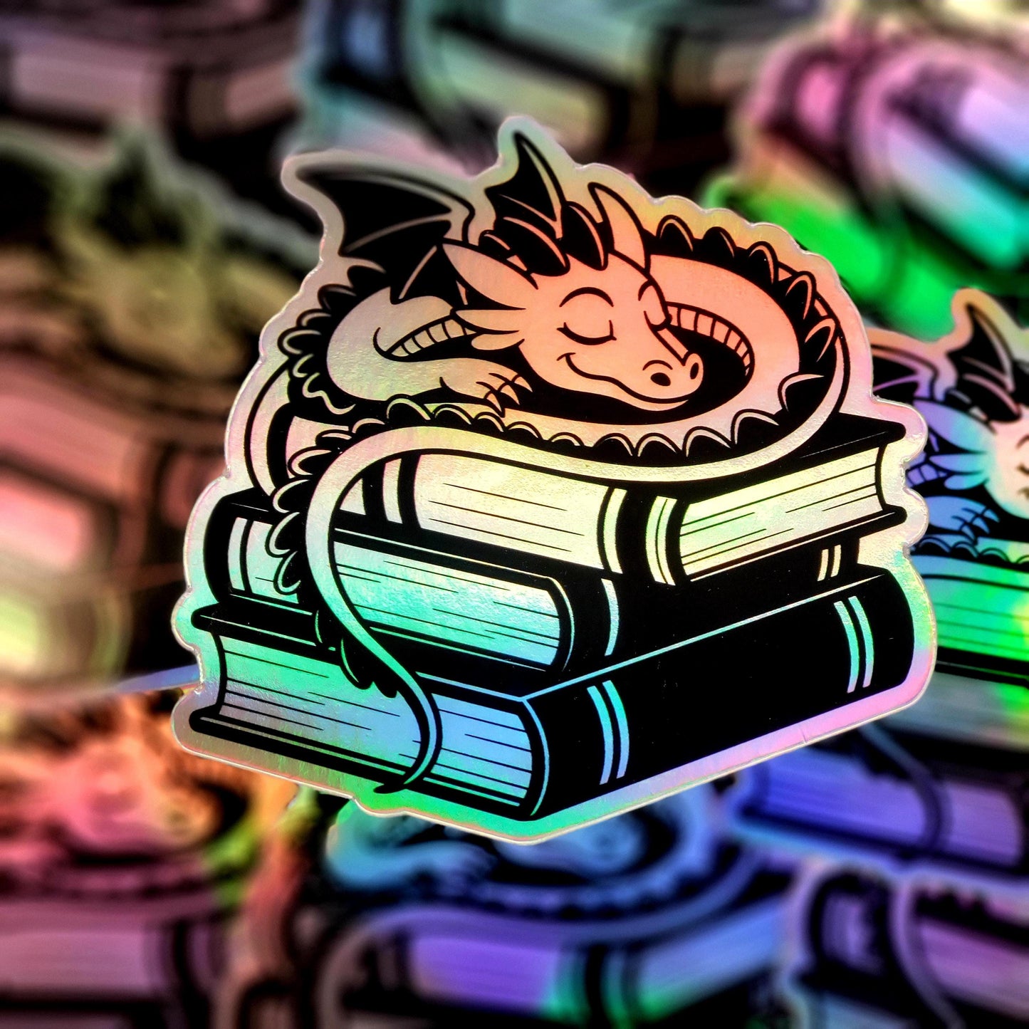 Holographic Sleeping Dragon Sticker – Cute Fantasy Book Lover Gift, Dragon Vinyl Decal for Laptops, Water Bottles & Journals