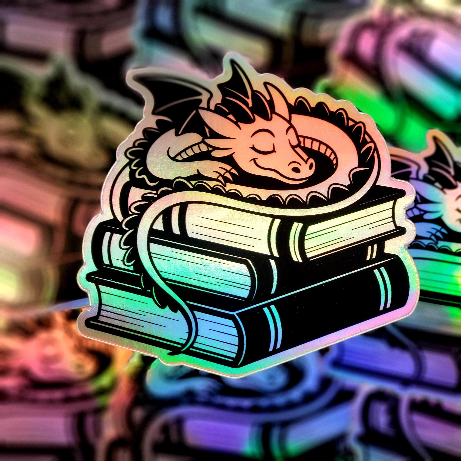 Holographic Sleeping Dragon Sticker – Cute Fantasy Book Lover Gift, Dragon Vinyl Decal for Laptops, Water Bottles & Journals