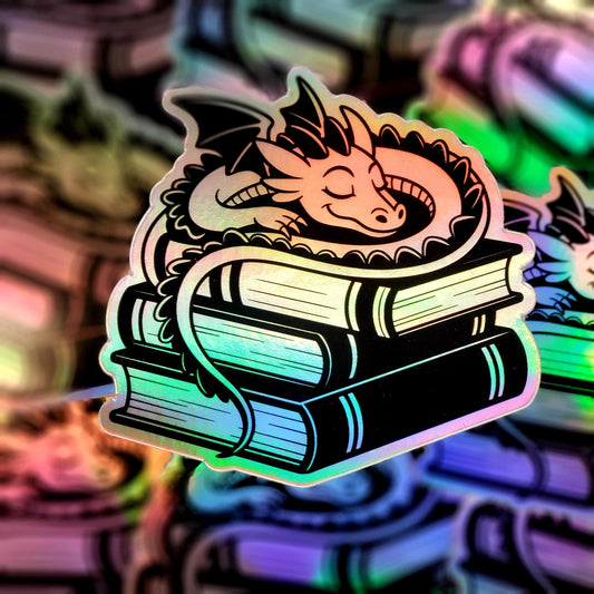 Holographic Sleeping Dragon Sticker – Cute Fantasy Book Lover Gift, Dragon Vinyl Decal for Laptops, Water Bottles & Journals