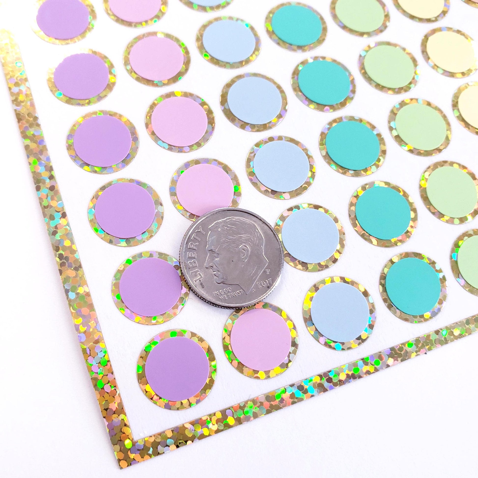 Pastel Colors Rainbow Dot Stickers, set of 96 small round multi color vinyl dot decals, each dot 1/2 inch.