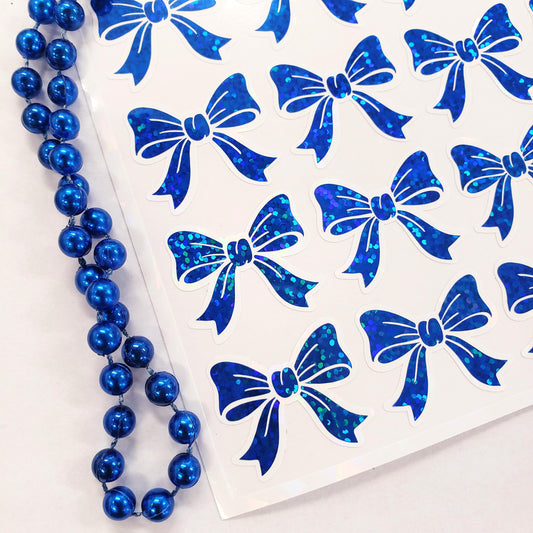 Blue Glitter Bow Stickers, Waterproof Vinyl Ribbon Decals - Set of 20