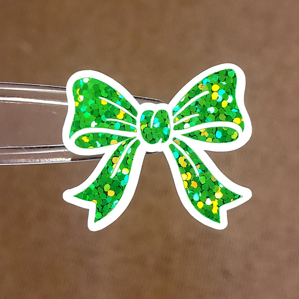 Spring Green Bow Stickers – set of 20 Sparkly Bows for Christmas and Birthday Card Envelopes, Scrapbooking, Journals, Gift Tags.