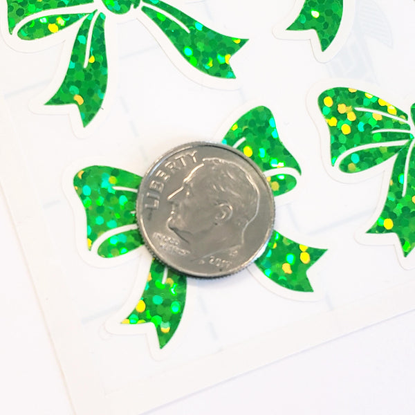 Spring Green Bow Stickers – set of 20 Sparkly Bows for Christmas and Birthday Card Envelopes, Scrapbooking, Journals, Gift Tags.