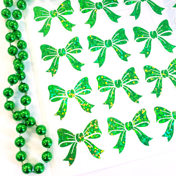 Spring Green Bow stickers. Set of 20 individual green sparkly bows with white outline.