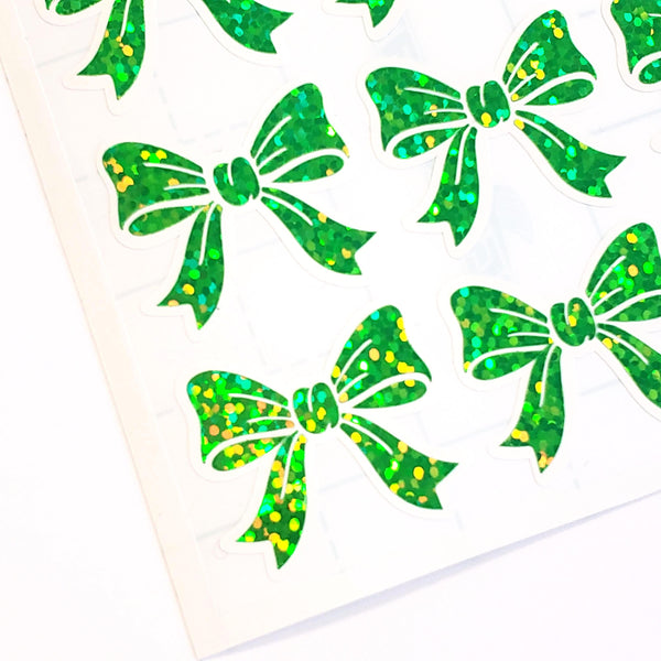 Spring Green Bow Stickers – set of 20 Sparkly Bows for Christmas and Birthday Card Envelopes, Scrapbooking, Journals, Gift Tags.