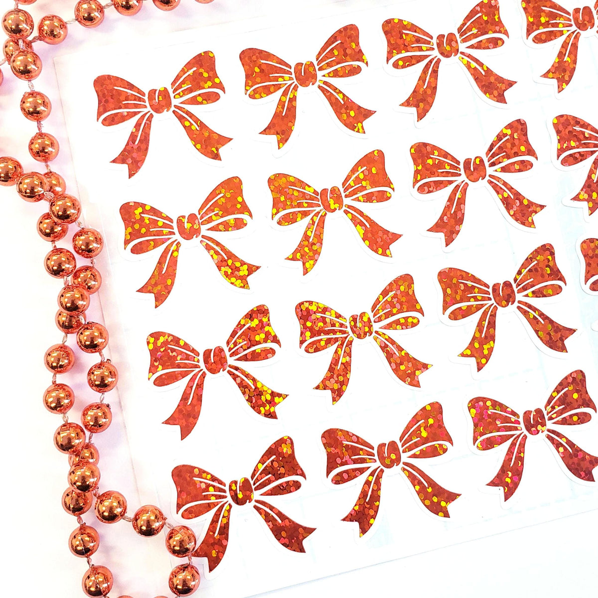 Orange Bows Sticker Sheet – set of 20 Sparkly Bows for Fall, Halloween and Birthday Card Envelopes, Scrapbooking, Journals, Gift Tags.