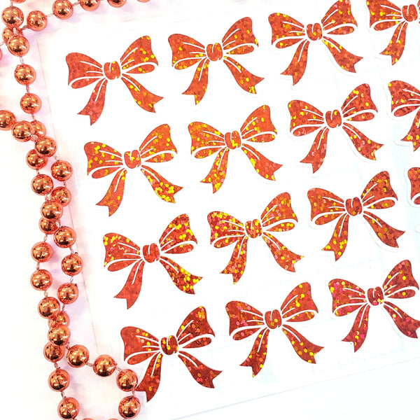 Orange Bows Sticker Sheet – set of 20 Sparkly Bows for Fall, Halloween and Birthday Card Envelopes, Scrapbooking, Journals, Gift Tags.