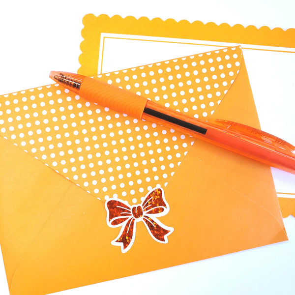 Orange Bows Sticker Sheet – set of 20 Sparkly Bows for Fall, Halloween and Birthday Card Envelopes, Scrapbooking, Journals, Gift Tags.