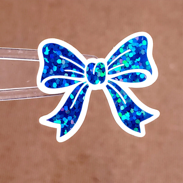 Bright Blue Bow Stickers, set of 20 Sparkly Ribbon Vinyl Decals, craft supply for scrapbooking, baby boy gender reveal.