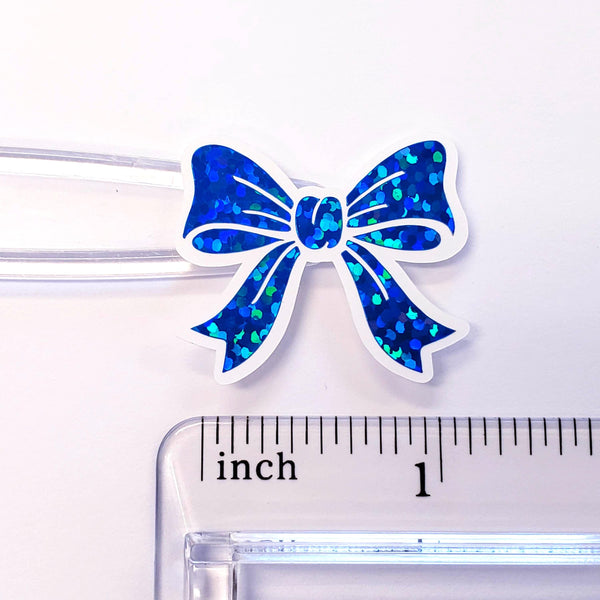 Bright Blue Bow Stickers, set of 20 Sparkly Ribbon Vinyl Decals, craft supply for scrapbooking, baby boy gender reveal.