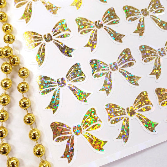 Gold Glitter Bow Stickers – set of 20 Sparkly Gold Bows for Holiday Card Envelopes, Scrapbooking, Journals, Gift Tags.
