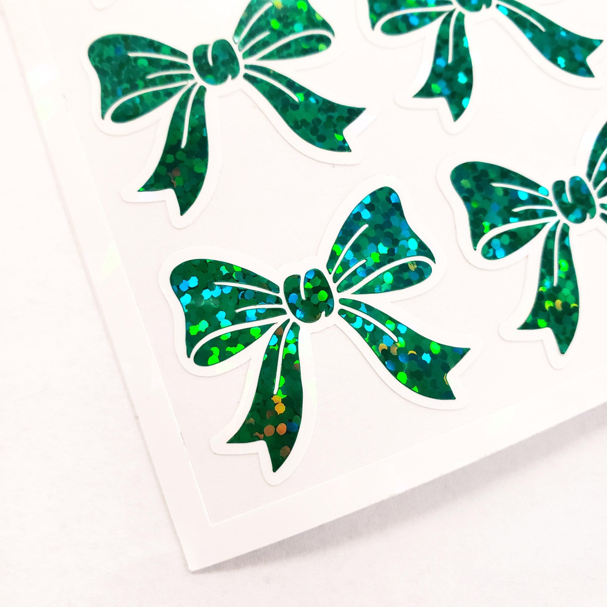 Green Glitter Bow Stickers – set of 20 Sparkly Bows for Christmas and Birthday Card Envelopes, Scrapbooking, Journals, Gift Tags.