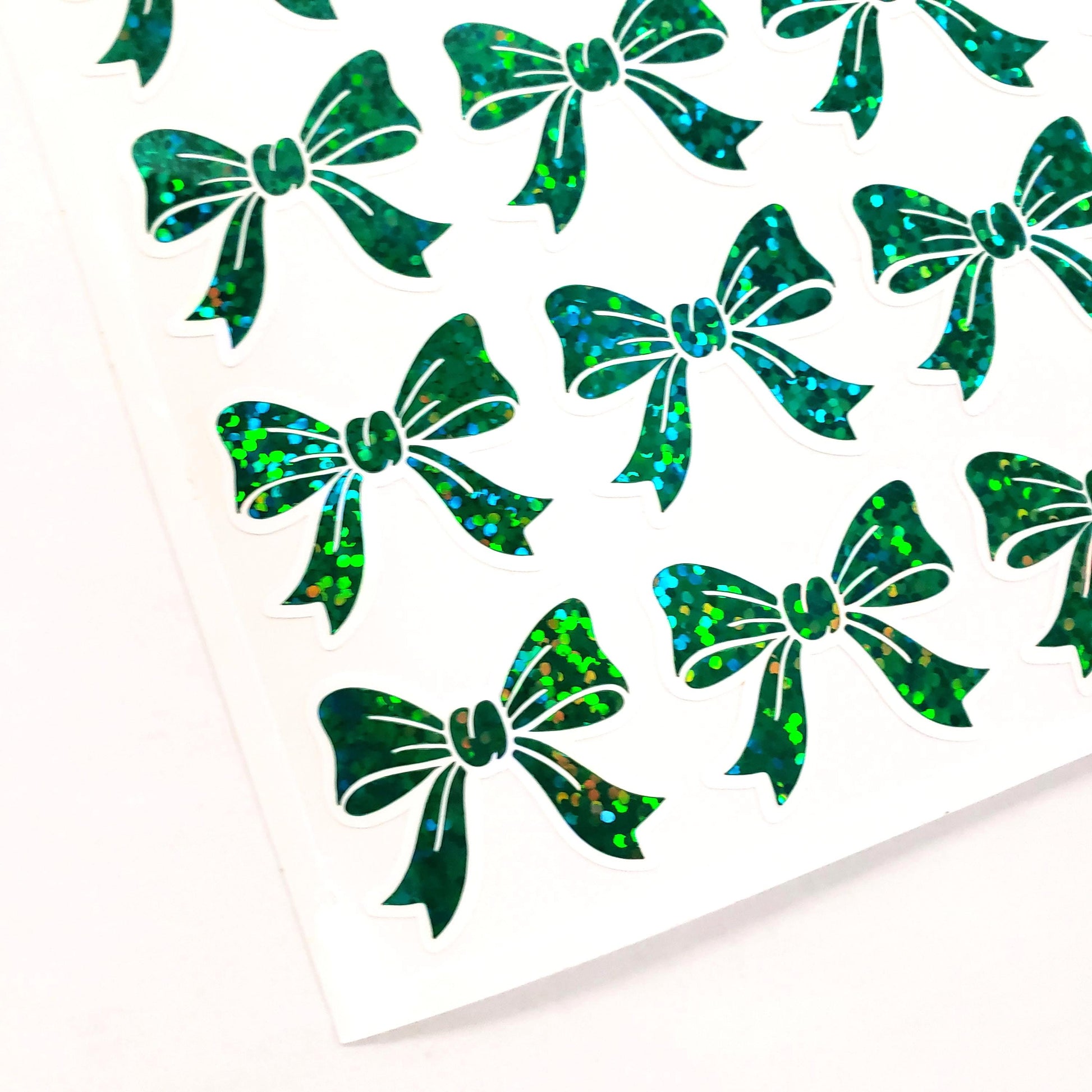 Green Glitter Bow Stickers – set of 20 Sparkly Bows for Christmas and Birthday Card Envelopes, Scrapbooking, Journals, Gift Tags.