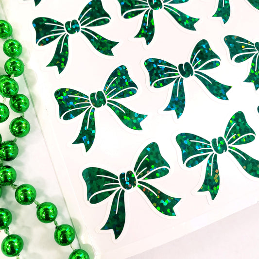 Green Glitter Bow Stickers – set of 20 Sparkly Bows for Christmas and Birthday Card Envelopes, Scrapbooking, Journals, Gift Tags.