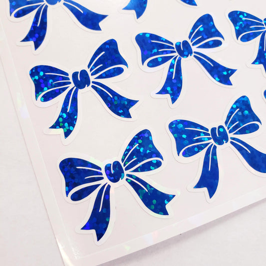 Blue Glitter Bow Stickers, Waterproof Vinyl Ribbon Decals - Set of 20