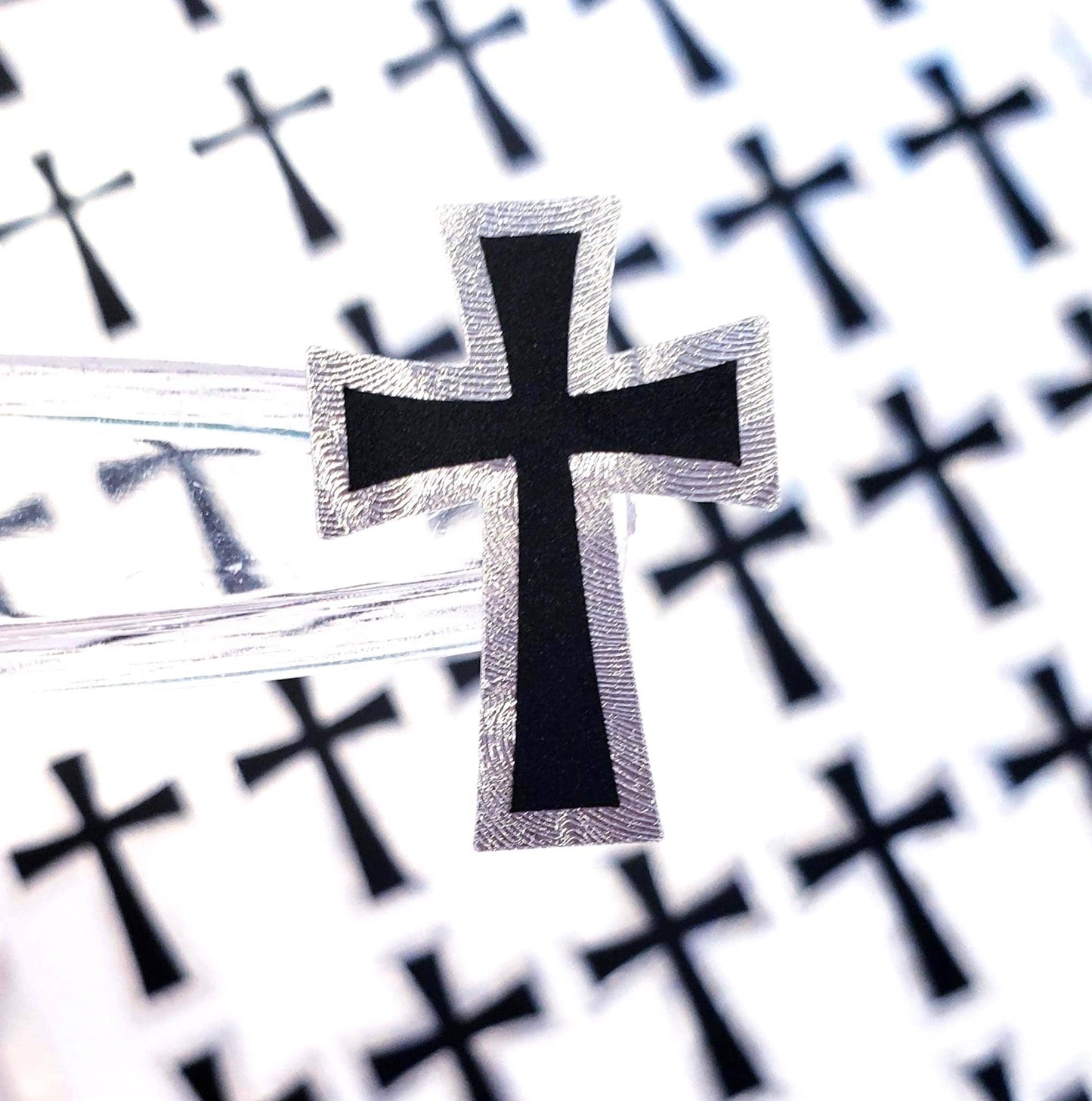 Small Cross Sticker Sheet, 36 Black Crosses with Metallic Silver Outline, Religious Vinyl Decals, Goth Crosses.