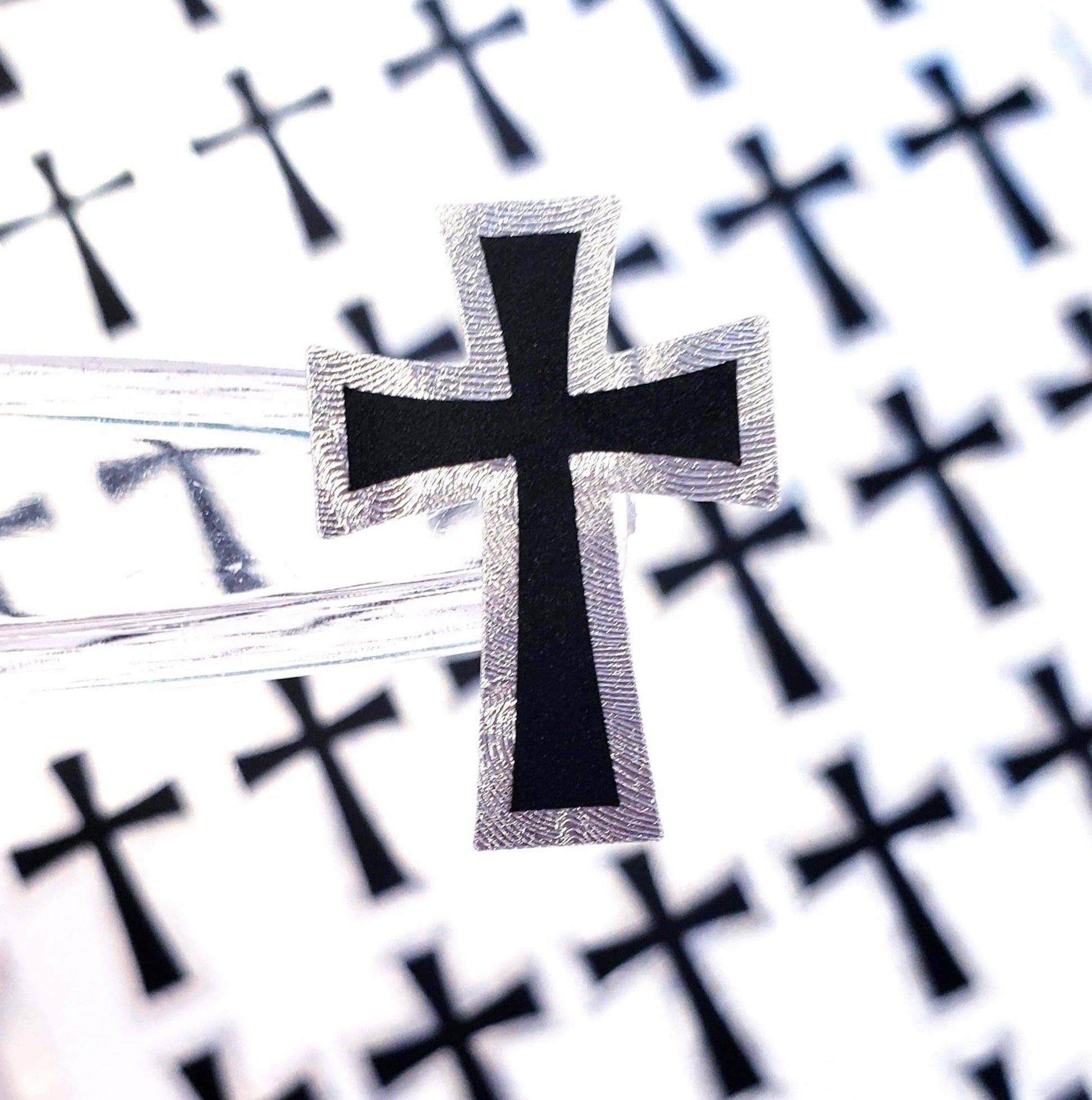 Small Cross Sticker Sheet, 36 Black Crosses with Metallic Silver Outline, Religious Vinyl Decals, Goth Crosses.