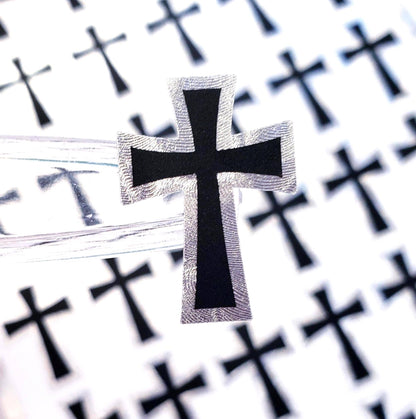 Small Cross Sticker Sheet, 36 Black Crosses with Metallic Silver Outline, Religious Vinyl Decals, Goth Crosses.