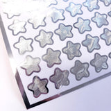 Silver Star Stickers, set of 70 small chrome silver metallic kawaii stars for cards, envelopes, invitations, laptops and crafts.