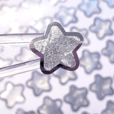Silver Star Stickers, set of 70 small chrome silver metallic kawaii stars for cards, envelopes, invitations, laptops and crafts.