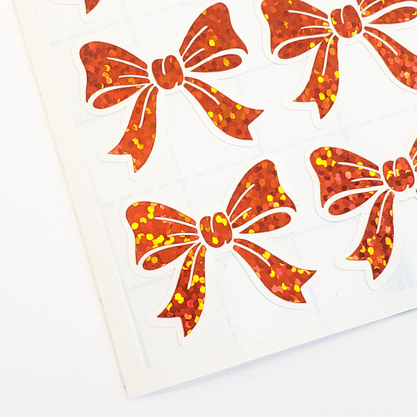 Orange Bows Sticker Sheet – set of 20 Sparkly Bows for Fall, Halloween and Birthday Card Envelopes, Scrapbooking, Journals, Gift Tags.