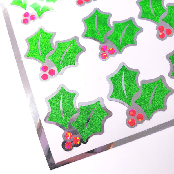 Pink Christmas Holly Stickers, set of 20 sparkly berry and green holly leaf stickers for holiday decor, gift tags and cards. Silver outline.
