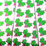 Pink Christmas Holly Stickers, set of 20 sparkly berry and green holly leaf stickers for holiday decor, gift tags and cards. Silver outline.