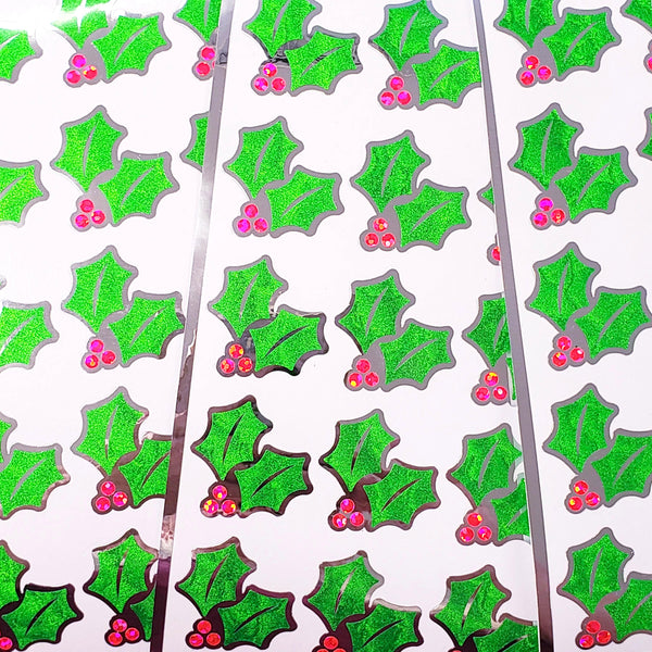 Pink Christmas Holly Stickers, set of 20 sparkly berry and green holly leaf stickers for holiday decor, gift tags and cards. Silver outline.