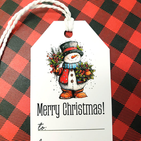 PRINTED Merry Christmas Snowman Gift Tags, set of 10, To and From Tags for Gifts.
