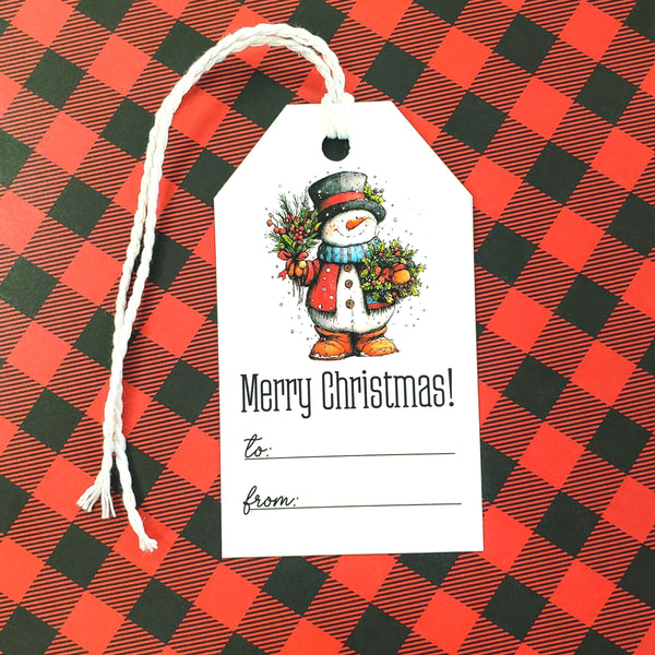 PRINTED Merry Christmas Snowman Gift Tags, set of 10, To and From Tags for Gifts.
